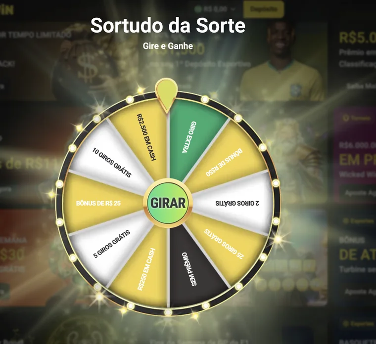 Roda Sortudo da Sorte da Borawin com 10 fatias, entre elas Sem prêmio, R$ 2.500 em cash e giros grátis